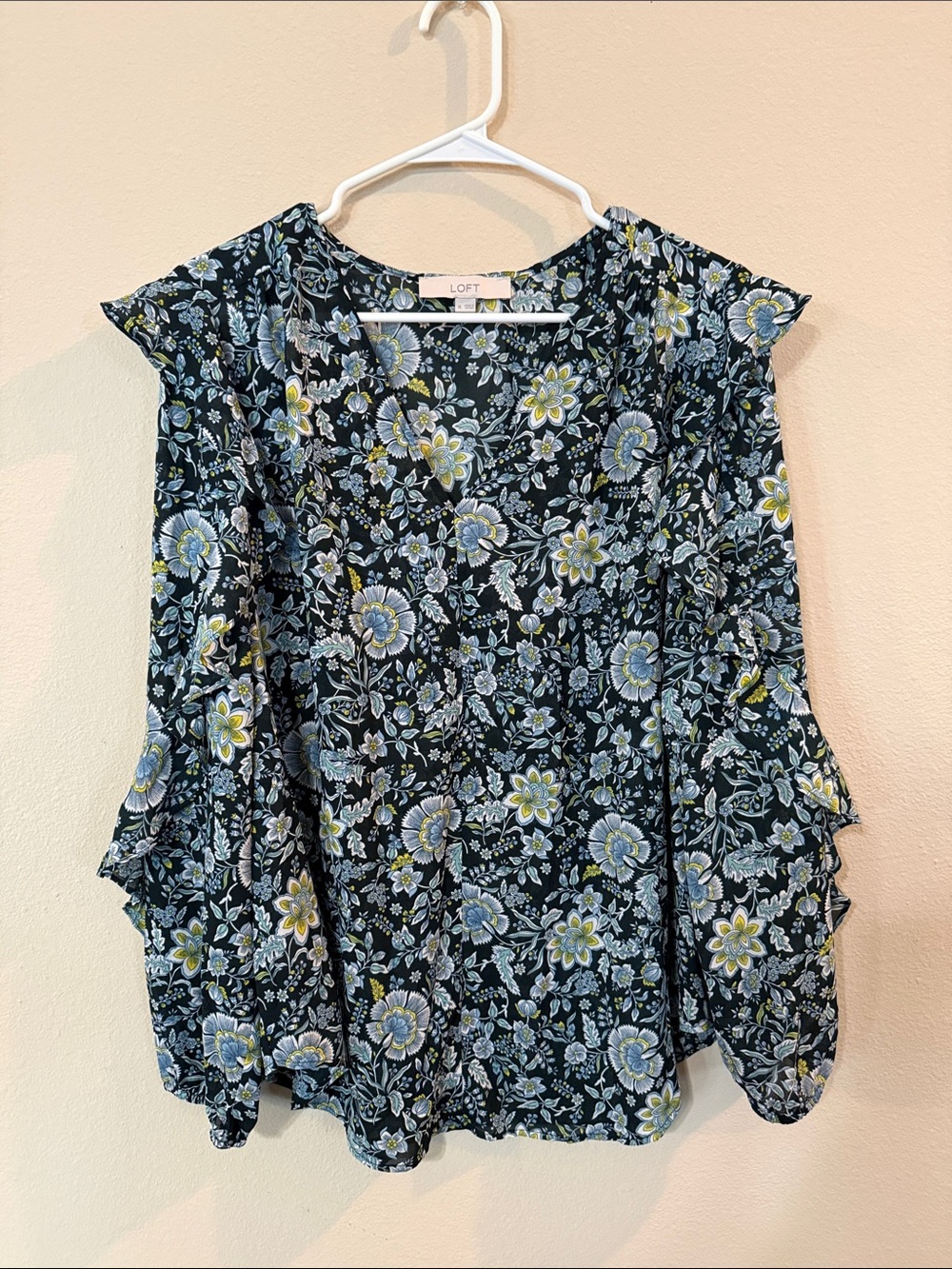 LOFT Black Floral Cold-Shoulder Blouse with Blue & Yellow Blooms